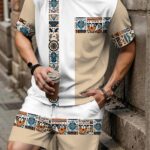 Men'S Short-Sleeve Casual Vacation Set for Spring And Summer, Featuring Trendy Ethnic Geometric Patterns