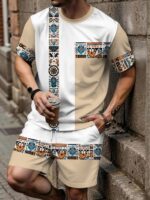 Men'S Short-Sleeve Casual Vacation Set for Spring And Summer, Featuring Trendy Ethnic Geometric Patterns