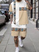 Men'S Short-Sleeve Casual Vacation Set for Spring And Summer, Featuring Trendy Ethnic Geometric Patterns - Image 3