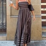 A New Women'S Striped Printed Dress with an Irregular Patchwork Design, Featuring a Long Strap Style