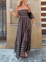 A New Women'S Striped Printed Dress with an Irregular Patchwork Design, Featuring a Long Strap Style