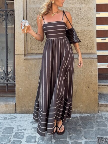 A New Women'S Striped Printed Dress with an Irregular Patchwork Design, Featuring a Long Strap Style
