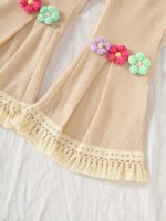 Girls Outfit Kids 2pcs Set Long Sleeve Top And Flare Pants Set Flower Applique Fringe Hem Casual Fall Clothes for Girls, for Outdoor - Image 5