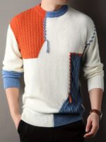 Men'S Thick Warm Sweater - Black/White/Gray Stitching Round Neck Pullover, Suitable for Formal And Casual Dress - Image 6