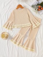 Girls Outfit Kids 2pcs Set Long Sleeve Top And Flare Pants Set Flower Applique Fringe Hem Casual Fall Clothes for Girls, for Outdoor - Image 2