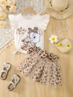 Girls' 3Pcss Tulle Skirt Set, Bear Puff Sleeve Round Neck Short Sleeve Top And Tulle Patchwork Leopard Print Skirt with Decorative Belt, 3Pcss Ladylike Outfit - Image 5