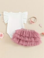 Girls Birthday Skirt Sets Short Sleeve Letter Rainbow Print Romper Tulle Skirt Headband Sets, for Teenager, For Teenager - Image 3