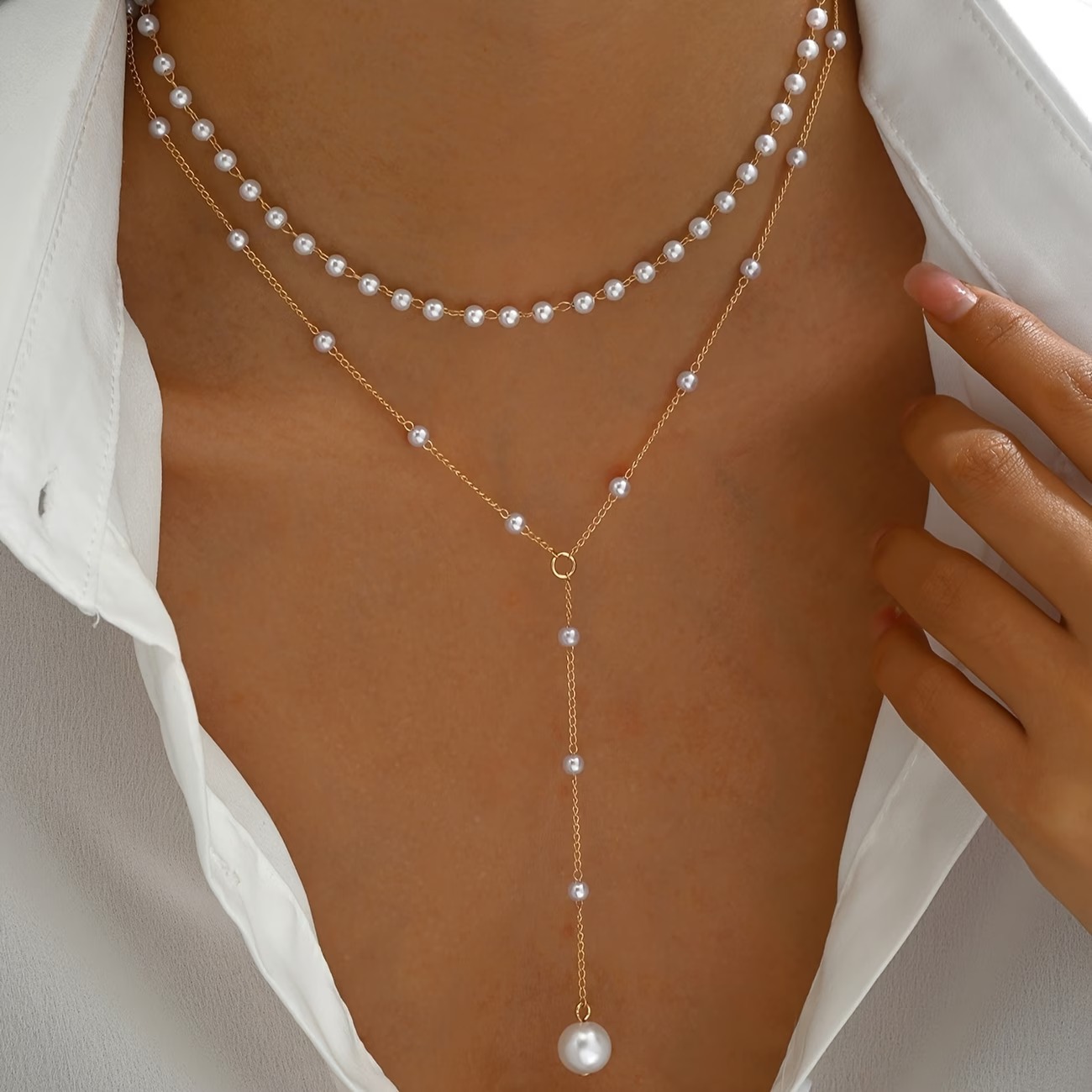 imageye___-_imgi_19_ddd444f5-77c5-477e-a013-c6a8220655cd 1pc Elegant Business Double-Layer Necklace, Easy Faux Pearl Handmade Chain Tassel Necklace - Image 1
