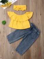 Spring Summer Fashion Outfit, Girls' Ruffled Off-Shoulder Top And Distressed Jeans 3pcs Set with Bow Headband, for Outdoor - Image 3