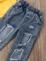 Spring Summer Fashion Outfit, Girls' Ruffled Off-Shoulder Top And Distressed Jeans 3pcs Set with Bow Headband, for Outdoor - Image 4