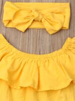 Spring Summer Fashion Outfit, Girls' Ruffled Off-Shoulder Top And Distressed Jeans 3pcs Set with Bow Headband, for Outdoor - Image 5