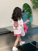 Little Girl Summer Short Sleeve Set, Girls' Trendy Girly Athletic Influencer Summer Outfit 3- 2pcs Cartoon Little Monster Pattern Set, for Outdoor - Image 3