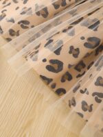 Girls' 3Pcss Tulle Skirt Set, Bear Puff Sleeve Round Neck Short Sleeve Top And Tulle Patchwork Leopard Print Skirt with Decorative Belt, 3Pcss Ladylike Outfit - Image 3