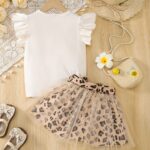 Girls' 3Pcss Tulle Skirt Set, Bear Puff Sleeve Round Neck Short Sleeve Top And Tulle Patchwork Leopard Print Skirt with Decorative Belt, 3Pcss Ladylike Outfit