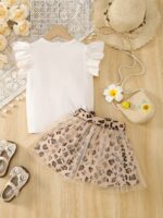 Girls' 3Pcss Tulle Skirt Set, Bear Puff Sleeve Round Neck Short Sleeve Top And Tulle Patchwork Leopard Print Skirt with Decorative Belt, 3Pcss Ladylike Outfit