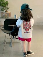 Little Girl Summer Short Sleeve Set, Girls' Trendy Girly Athletic Influencer Summer Outfit 3- 2pcs Cartoon Little Monster Pattern Set, for Outdoor - Image 4