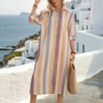 Elegant Women's Vacation Casual Striped Shirt Long Dress, Spring/Summer Style