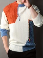 Men'S Thick Warm Sweater - Black/White/Gray Stitching Round Neck Pullover, Suitable for Formal And Casual Dress - Image 2