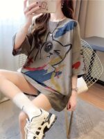 Summer New Fashion Trend Large Size Women'S Slim Loose Medium Long Cartoon Short-Sleeved T-Shirt - Image 5