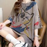 Summer New Fashion Trend Large Size Women'S Slim Loose Medium Long Cartoon Short-Sleeved T-Shirt