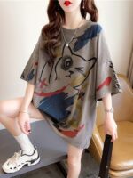 Summer New Fashion Trend Large Size Women'S Slim Loose Medium Long Cartoon Short-Sleeved T-Shirt - Image 3