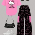 Girls' Sanrio Casual Round Neck Cartoon Hello Kitty Print Short Sleeve T-Shirt + Cargo Pocket Long Pants 2pcs Set