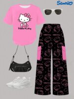 Girls' Sanrio Casual Round Neck Cartoon Hello Kitty Print Short Sleeve T-Shirt + Cargo Pocket Long Pants 2pcs Set