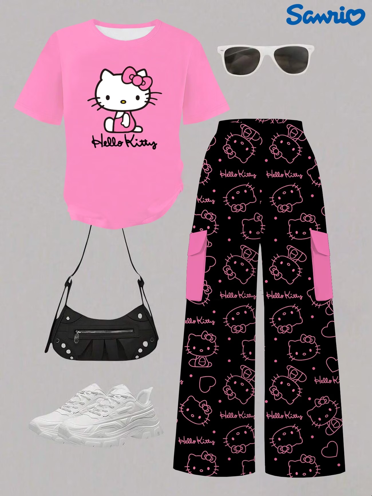 imageye___-_imgi_6_8f3f88db-1035-4d10-bce7-fdeb25c94a1a_1340x1785 Girls' Sanrio Casual Round Neck Cartoon Hello Kitty Print Short Sleeve T-Shirt + Cargo Pocket Long Pants 2pcs Set - Image 1