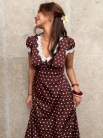 Elegant Vintage French Burgundy Dress, Lace V-Neck Waist-Cinching Midi Dress, Graceful Tea Dress, Full of Vacation Style